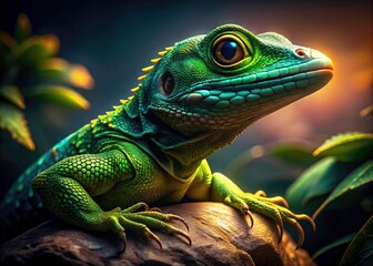 Obraz premium Drone Photography Green Lizard Dark Background AI Generated Image