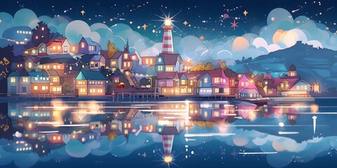 Seaside village with a colorful array of buildings and a towering lighthouse by the ocean