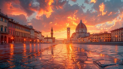 Obraz premium Vibrant sunrise over Florence, Italy, reflecting on wet cobblestone streets; Duomo visible.