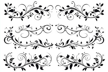 Elegant black floral swirls and decorative elements on a white background, ideal for creative design projects, invitations, and stationery embellishments.