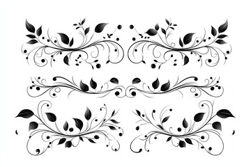 Elegant black floral elements on white background, featuring intricate swirls and leaves. Perfect for decorative designs, invitations, and artistic projects.