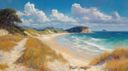 Obraz premium Sandy beach, ocean waves, coastal dunes, sunny sky.