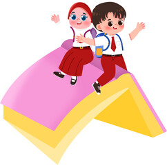 Happy School Kids Riding a Flying Book for Educational Adventures
