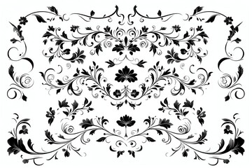 Intricate, symmetrical black floral ornament on white background, depicting elegant swirls, leaves, and blossoms in classic Victorian design