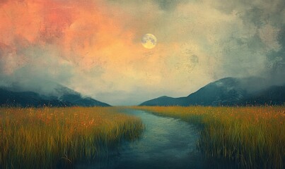 Fototapeta premium Ai-enhanced landscape photography serene marsh digital art