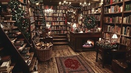 Naklejka premium Cozy Christmas Library with Fireplace and Bookshelves