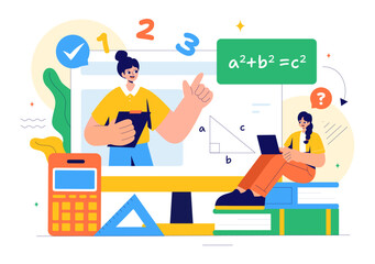 Mathematics Learning Vector Illustration Featuring School Supplies or Stationery with Mathematical Equations, Formulas, and Symbols in a Background