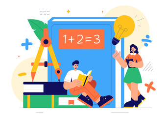 Mathematics Learning Vector Illustration Featuring School Supplies or Stationery with Mathematical Equations, Formulas, and Symbols in a Background