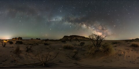 A serene desert landscape with starlit skies overhead, where sand dunes stretch into the horizon.