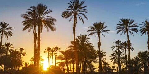 Obraz premium A peaceful desert oasis surrounded by palm trees, bathed in the soft golden hour light, creating a magical scene.