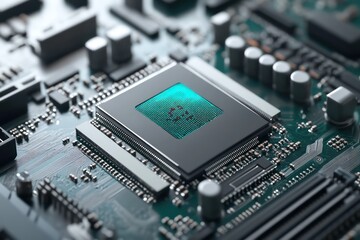 Fototapeta premium A high-resolution image showing an AI processor chip with a holographic projection above it, symbolizing advanced computing, set on a sophisticated motherboard.