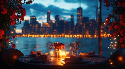 Obraz premium Romantic city dinner, candles, roses.
