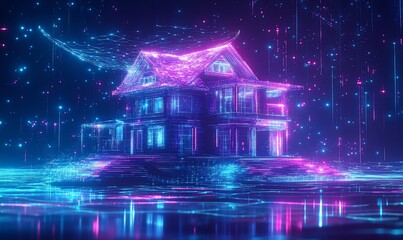 A futuristic neon-lit house surrounded by vibrant digital elements.