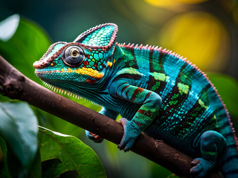unique photography of chameleon panther, chameleon panther on branch, chameleon panther close up