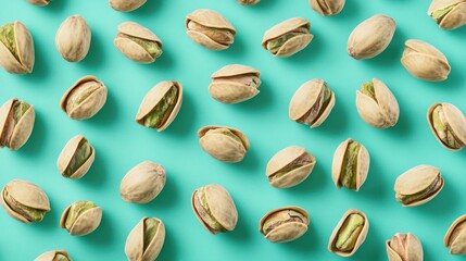 Pistachios arranged in a repeating pattern on a turquoise background.
