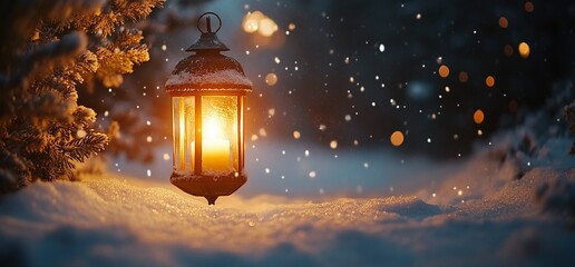 A glowing lantern in a snowy landscape, creating a cozy, serene atmosphere.