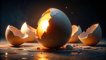 Night Photography 3D Rendered Egg, Cracked Eggs, Whole Egg, Realistic Shadow, Dark Background, Illuminated Egg