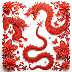 Obraz premium Intricate red dragon and serpent design with floral accents in a bold paper cut style, paper art of mythical creatures concept.
