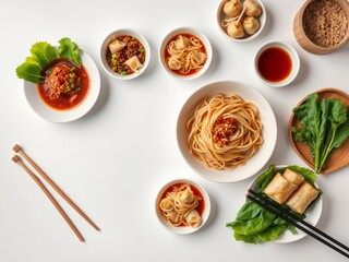Assortment of delicious chinese dishes on a clean white background, top view, lunch
