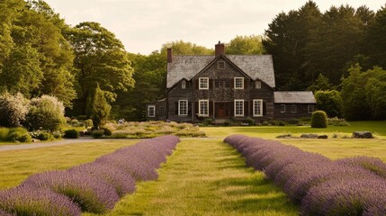 Serene Lavender Fields Surrounding a Charming Country House Nestled Among Lush Greenery and Tall Trees at Sunset