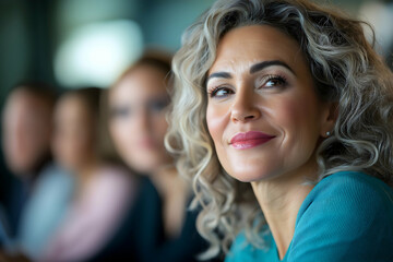 A smiling woman with curly hair gazes thoughtfully, surrounded by blurred figures, suggesting a moment of reflection in a social or professional setting.