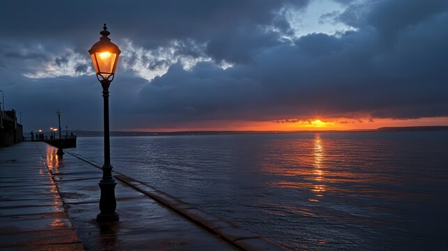 Serene Sunset Over Water with Vintage Street Lamp Illuminating Coastal Pathway During Cloudy Evening