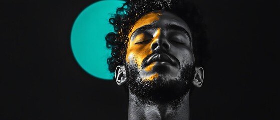 Black-and-white photograph of a thoughtful man with golden paint accents on his face, soft teal circle glowing faintly behind his head