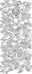 Vector sketch illustration silhouette design painting classic vintage ethnic traditional dragon flying on cloud 