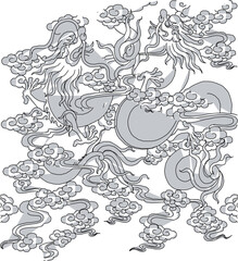 Vector sketch illustration silhouette design painting classic vintage ethnic traditional dragon flying on cloud 