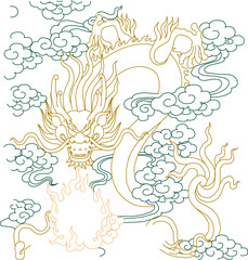 Vector sketch illustration silhouette design painting classic vintage ethnic traditional dragon flying on cloud 