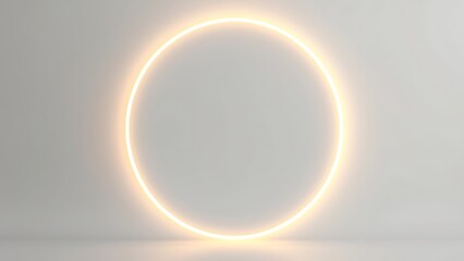 White Surface with Embossed Shape and White Illuminated Edge. Tech Background with Neon Circle.