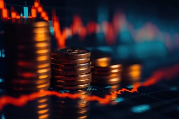 Gold coins stacked on financial chart.