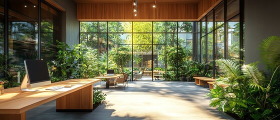 Fototapeta premium Sustainable office interior with natural light, plants reducing CO2, wooden table with a computer, highlighting ecological and modern design for a green company