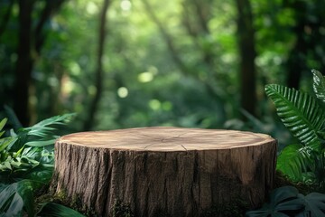 Wooden stump in lush green forest, perfect for product display.