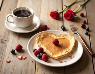 A heart-shaped stack of pancakes with fresh berries and a steaming cup of coffee, creating a romantic and delicious breakfast scene.