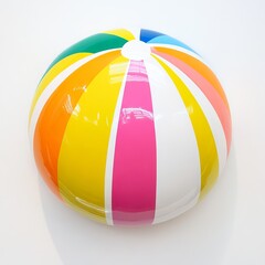 A beach ball with bright stripes on a white background