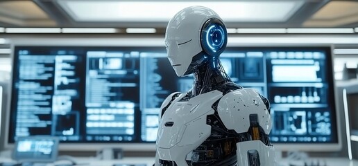 A humanoid robot stands in a high-tech control room with digital displays.