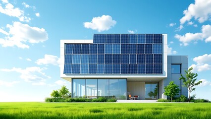 Modern facade with solar panels and reflective glass design