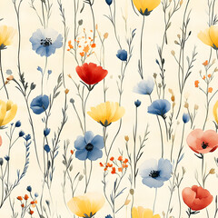Naklejka premium Watercolor Floral Seamless Pattern Wildflowers Botanical Design
