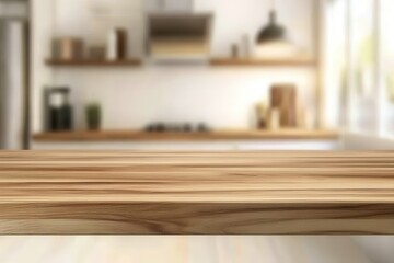 Empty wooden table in blurred modern kitchen. (1)
