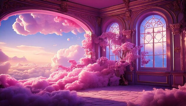 Quarto medieval rosa com nuvens roxas e rosas pela janela