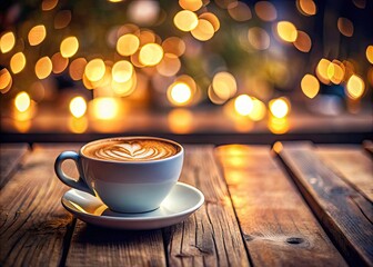 Obraz premium Tilt-Shift Flat White Coffee: Miniature Wooden Table Coffee Shop Photo