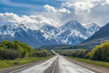 Fototapeta premium Scenic highway through valley towards snow-capped mountains under a partly cloudy sky.