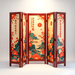 Decorative screen with floral patterns and traditional elements, 3d rendering of interior design concept.