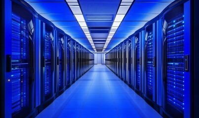 Fototapeta premium A modern data center with blue lighting and rows of server racks.