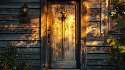 Golden Hour at the Rustic Cabin Door