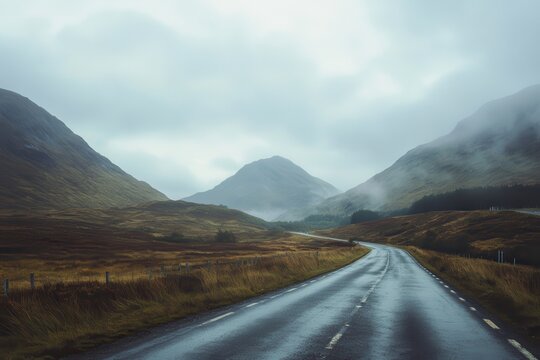Misty mountain road winding through valley.