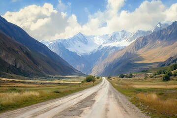 Scenic mountain road leading to snow-capped peaks under a bright sky.