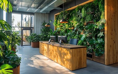 Interior of a sustainable office with airpurifying plants, wooden desk with a computer, natural light, and ecofriendly materials, showcasing an ecological company