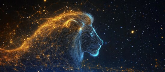 Deep blue and gold hues create a stunning celestial lion in abstract art.